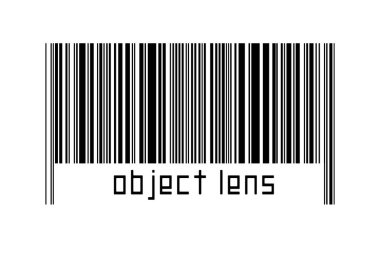 Barcode on white background with inscription object lens below. Concept of trading and globalization