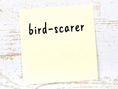 Concept of reminder about bird-scarer. Yellow sticky sheet of paper on wooden wall with inscription