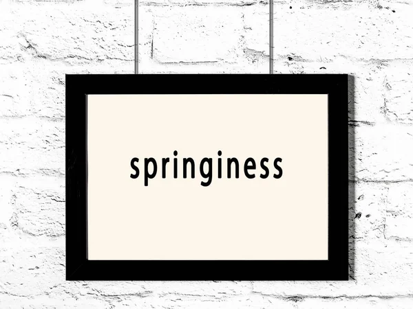 Black Wooden Frame Inscription Springiness Hanging White Brick Wall — Foto Stock
