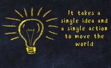 Bilgece bir alıntı ve siyah karatahtaya bir ampul çizimi