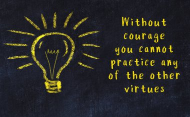 Bilgece bir alıntı ve siyah karatahtaya bir ampul çizimi