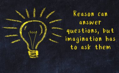 Bilgece bir alıntı ve siyah karatahtaya bir ampul çizimi