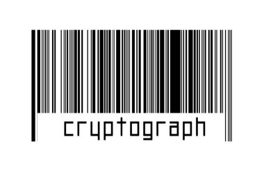 Altında yazıt kriptografı olan beyaz arka planda bir barkod. Ticaret ve küreselleşme kavramı