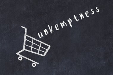 Alışveriş arabasının tebeşir çizimi ve kara karatahtanın üzerindeki kelime dağınıklığı. Küreselleşme ve kütle tüketimi kavramı.