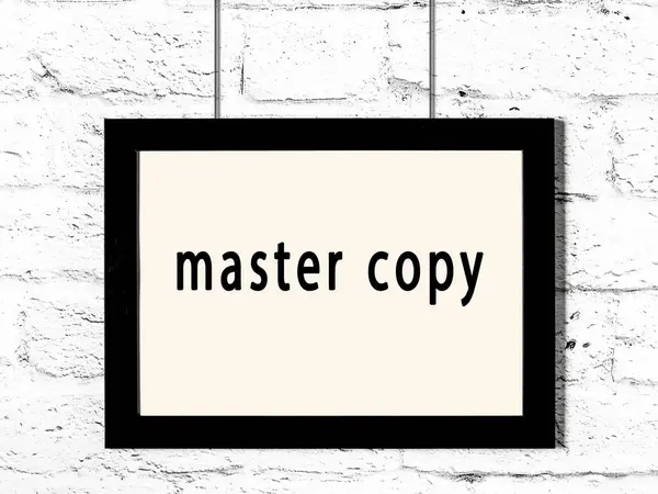 Black Wooden Frame Inscription Master Copy Hanging White Brick Wall — Stock Photo, Image