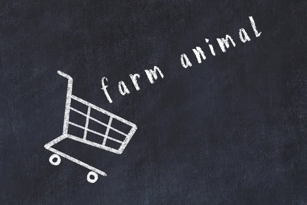 Krétarajz Bevásárlókocsiról Szó Farm Állatról Fekete Táblán Globalizáció Tömeges Fogyasztás — Stock Fotó