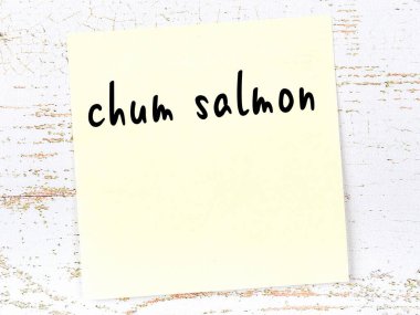 Tahta duvardaki sarı yapışkan notta el yazısıyla yazılmış somon balığı.