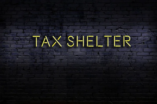 Neon Sign Inscription Tax Shelter Brick Wall Night View — Stock Photo, Image