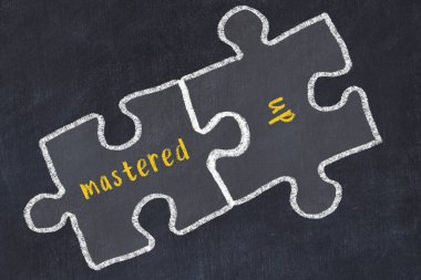 Ploblem çözülüyor. Kara karatahtanın üzerinde ustalaşmış iki kelimenin tebeşir çizimi