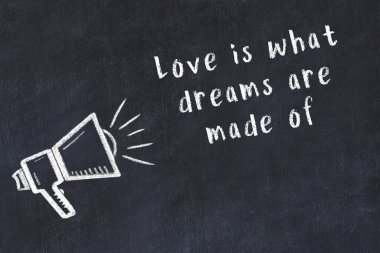 Bir hoparlörün tebeşir çizimi ve siyah karatahtaya el yazısıyla yazılmış alıntılar