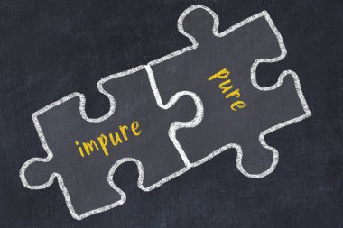 Sorunlarla başa çıkma kavramı. Ahlaksız ve saf kelimelerle bulmacaları birleştirmenin tebeşir çizimi.