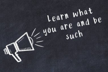 Bilge motivasyonel yazıtlı siyah karatahtaya hoparlör çizimi