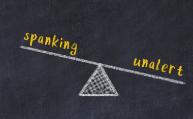 Şaplak atmakla tetikte olmamak arasındaki denge kavramı. Üzerinde pullar ve kelimeler olan siyah bir karatahta.