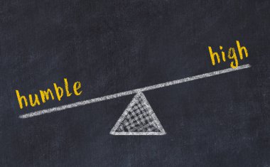 Mütevazı ve yüksek arasındaki denge kavramı. Üzerinde pullar ve kelimeler olan siyah bir karatahta.