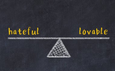 Kara tahtada nefret dolu ve sevilen kelimelerle tebeşir çizimi. Denge kavramı