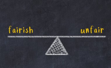 Karatahtaya adil olmayan ve adil olmayan kelimelerle tebeşir çizimi. Denge kavramı