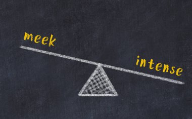 Uysal ve yoğun arasındaki denge kavramı. Üzerinde pullar ve kelimeler olan siyah bir karatahta.