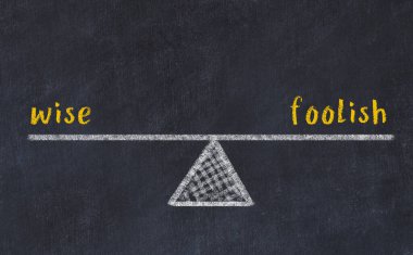 Bilge ve aptal arasındaki denge kavramı. Üzerinde pullar ve kelimeler olan siyah bir karatahta.
