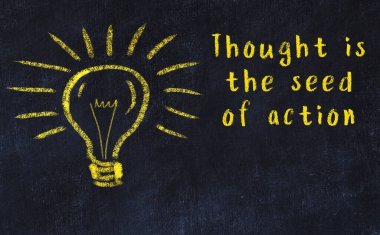 Bilgece bir alıntı ve siyah karatahtaya bir ampul çizimi