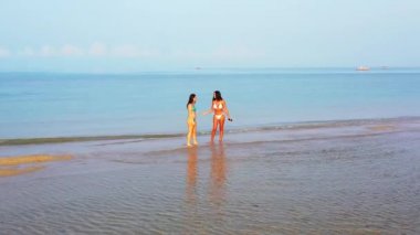 Deniz kıyısında yürüyen bikinili iki genç kız arkadaş. Tropik tatil köyünde dinlenen güzel kadınlar    