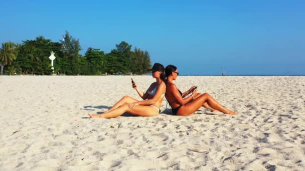 Красивые Девушки Отдыхают Песчаном Пляже Стоковый Видеоролик