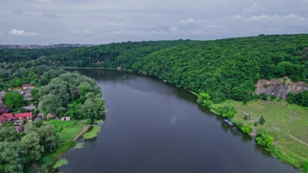 Flygfoto över gröna skogen och floden — Stockvideo