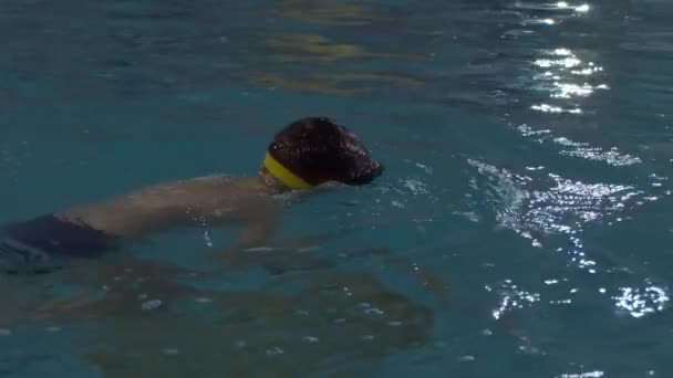Entrenamiento de niño en piscina deportiva — Vídeos de Stock