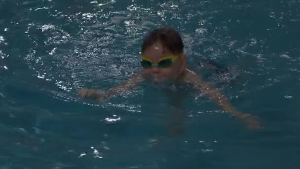 Chłopiec pływanie i nurkowanie pod wodą z zabawy w basenie — Wideo stockowe