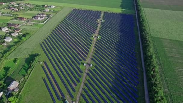 Вид Повітря Сонячні Батареї Стоїть Ряді Полів Зеленого Енергетичного Ландшафту — стокове відео