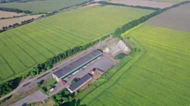 Kuş gözü tarlaların ortasındaki çiftliğin uçan insansız hava aracı görüntüsü.