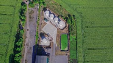 Kuş gözü tarlaların ortasındaki çiftliğin uçan insansız hava aracı görüntüsü.