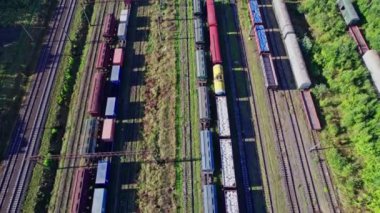 Bir sürü Hattı ve Yük Treni olan tren istasyonu. Hava Görünümü