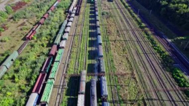 Bir sürü Hattı ve Yük Treni olan tren istasyonu. Hava Görünümü