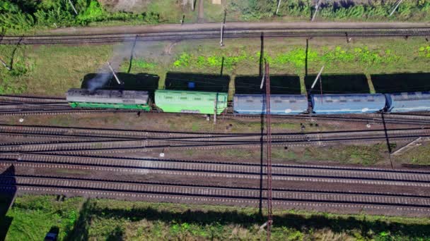 Railway Station Lots Lines Freight Trains Aerial View — Video