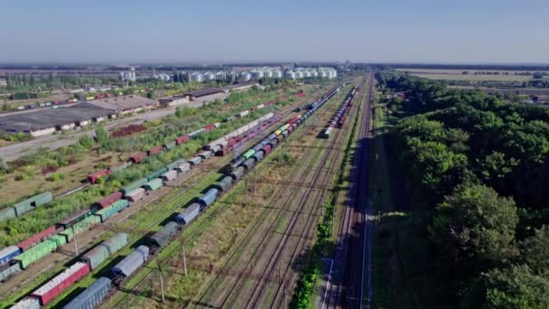 Railway Station Lots Lines Freight Trains Aerial View — Stockvideo