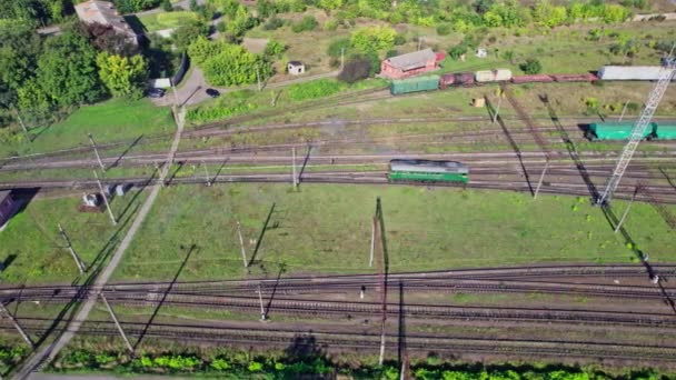 Aerial View Flying Drone Colorful Freight Trains Railway Station — Vídeos de Stock