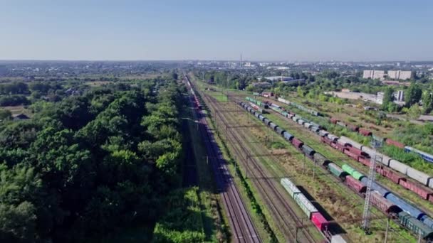 Aerial View Flying Drone Colorful Freight Trains Railway Station — Stockvideo