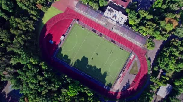 Vista Aérea Del Pequeño Estadio Fútbol Fútbol Con Césped Verde — Vídeo de stock