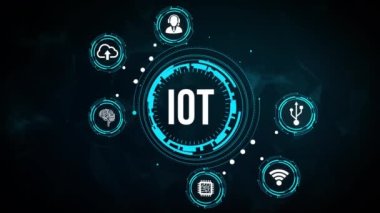 Nesnelerin interneti - IOT konsepti. İşadamı IOT ürünleri ve çözümler sunuyor. İnternet, iş, Teknoloji ve ağ kavramı.