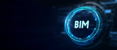 İş, teknoloji, internet ve şebeke kavramı. Geleceğin sanal ekranı ve yazıyı görüyor: BIM. 3B illüstrasyon