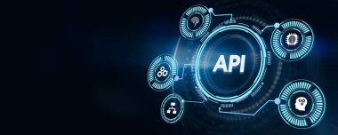 API - Uygulama Programı Arayüzü. Yazılım geliştirme aracı. İş, modern teknoloji, internet ve ağ kurma kavramı. 3B illüstrasyon