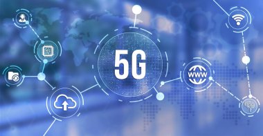 İnternet, iş, teknoloji ve ağ konsepti. 5G ağı konsepti, yüksek hızlı mobil internet, yeni nesil ağlar. 3d illüstrasyon.