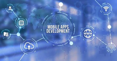 İnternet, iş, teknoloji ve ağ konsepti. Yazı mobili uygulamaları sanal ekranda DEVELOPMENT. Bulut teknolojisi kavramı. 3d illüstrasyon.