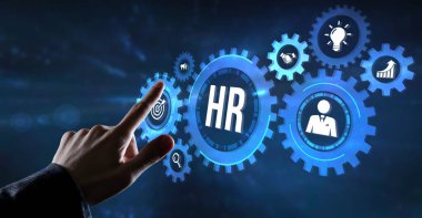 İnternet, iş, teknoloji ve ağ kavramı. İnsan Kaynakları İK yönetim kavramı. Sanal düğme.