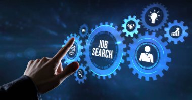 İnternet, iş, teknoloji ve ağ konsepti. İş Arama İnsan Kaynakları işe alım kariyeri. Sanal düğme.