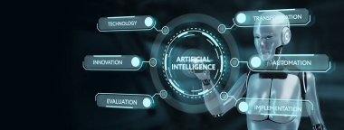 Yapay zeka (yapay zeka), makine öğrenme ve modern bilgisayar teknolojileri kavramları. Sanal ekranda robot tuşuna bas. 3d hazırlayıcı