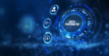 İnternet, iş, teknoloji ve ağ kavramı. İş süreçlerinin dijitalleştirilmesi ve modern teknoloji kavramı. Dijital dönüşüm. 3d illüstrasyon.