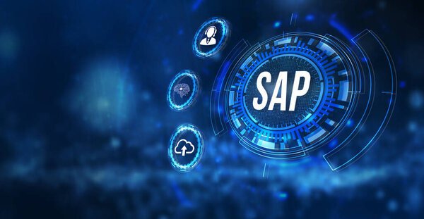 Интернет, бизнес, технология и сетевая концепция. Концепция SAP System Software Automation на виртуальном экране центра обработки данных. 3d иллюстрация.