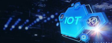 Nesnelerin interneti - IOT konsepti. İşadamı IOT ürünleri ve çözümler sunuyor. 3d illüstrasyon