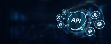 API - Uygulama Programı Arayüzü. Yazılım geliştirme aracı. İş, modern teknoloji, internet ve ağ kurma kavramı. 3B illüstrasyon
